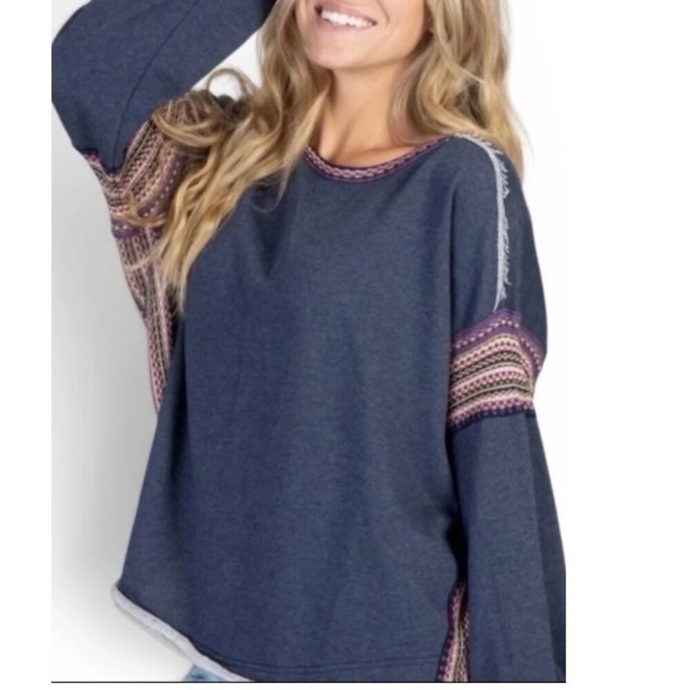 Natural Life Knit Trim Sweatshirt-Size L/XL-Oversized-French Terry-Boho-Raw Seam